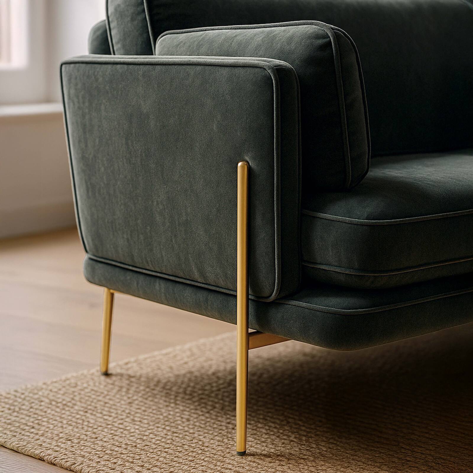 Sofá de terciopelo y madera FSC® con patas de latón para 3 personas