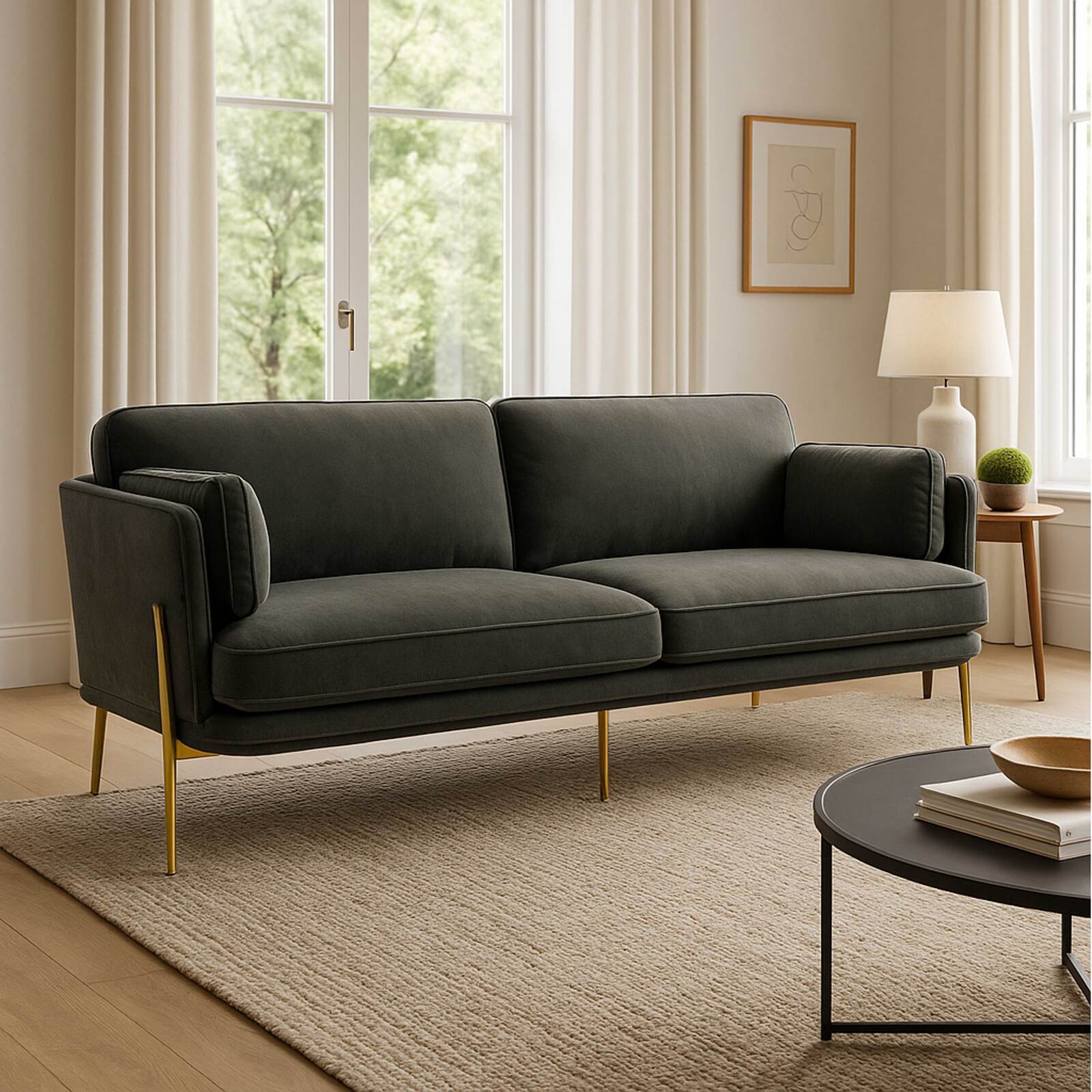 Sofá de terciopelo y madera FSC® con patas de latón para 3 personas