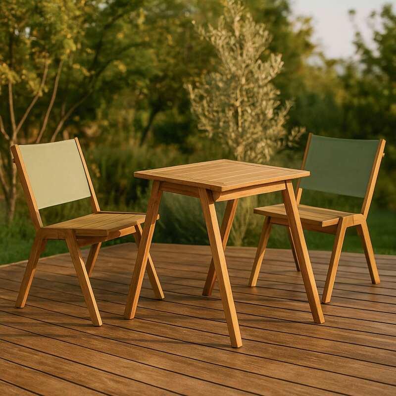 Mesa de jardín cuadrada 67 x 80 x 76 cm en madera de eucalipto FSC® y 2 sillas