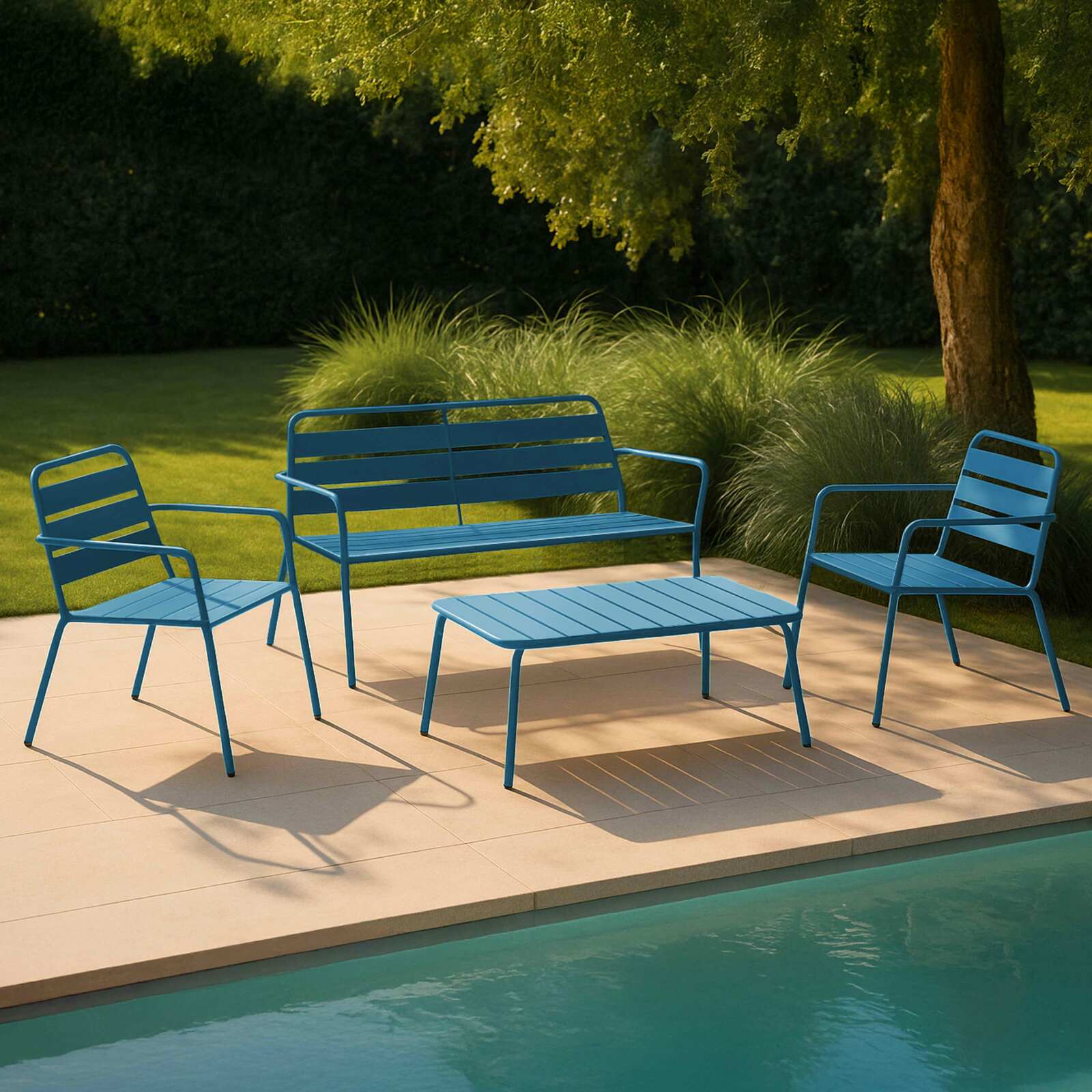 Conjunto de jardín de 4 plazas de metal, que incluye 1 mesa de centro, 2 sillones y 1 sofá