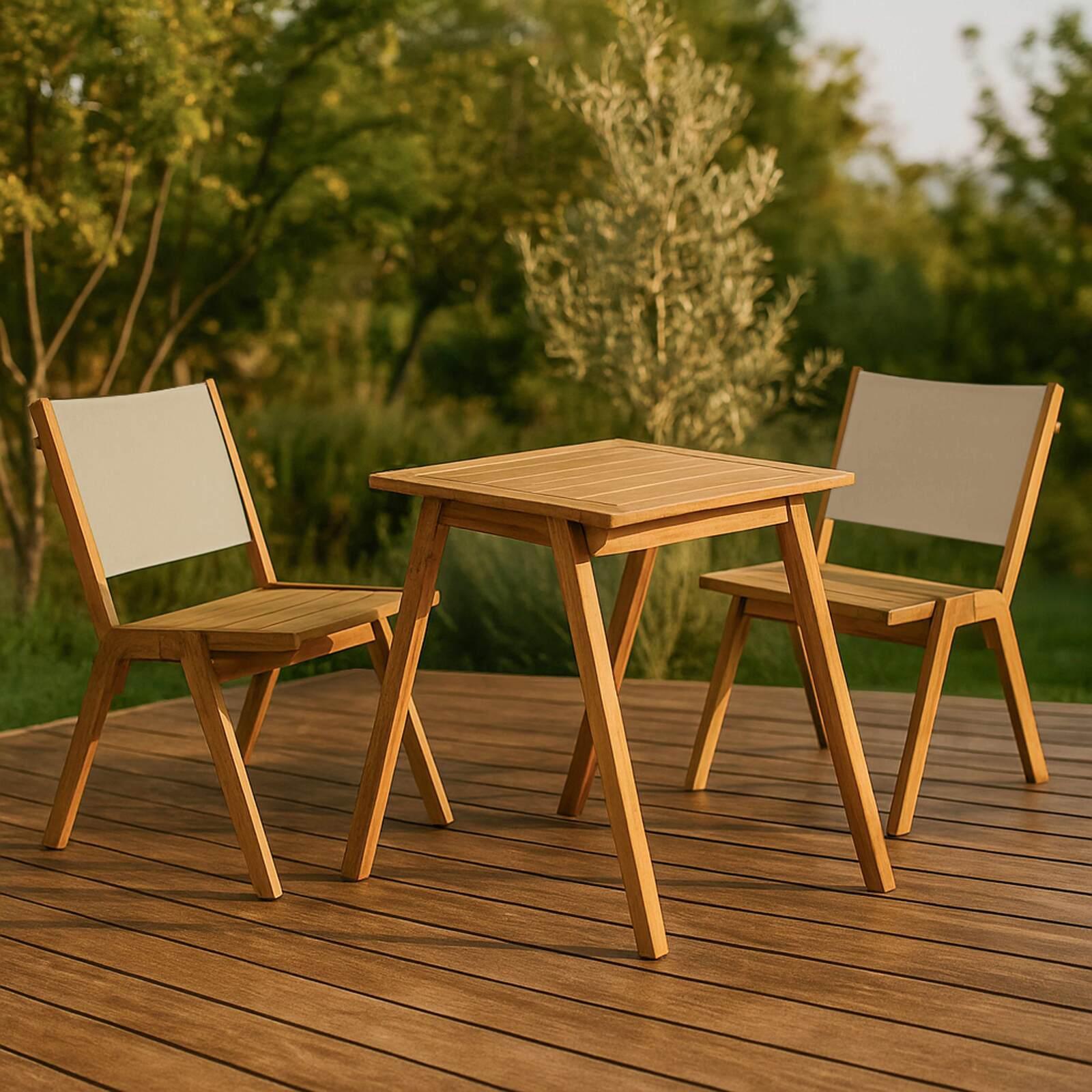 Mesa de jardín cuadrada 67 x 80 x 76 cm en madera de eucalipto FSC® y 2 sillas 