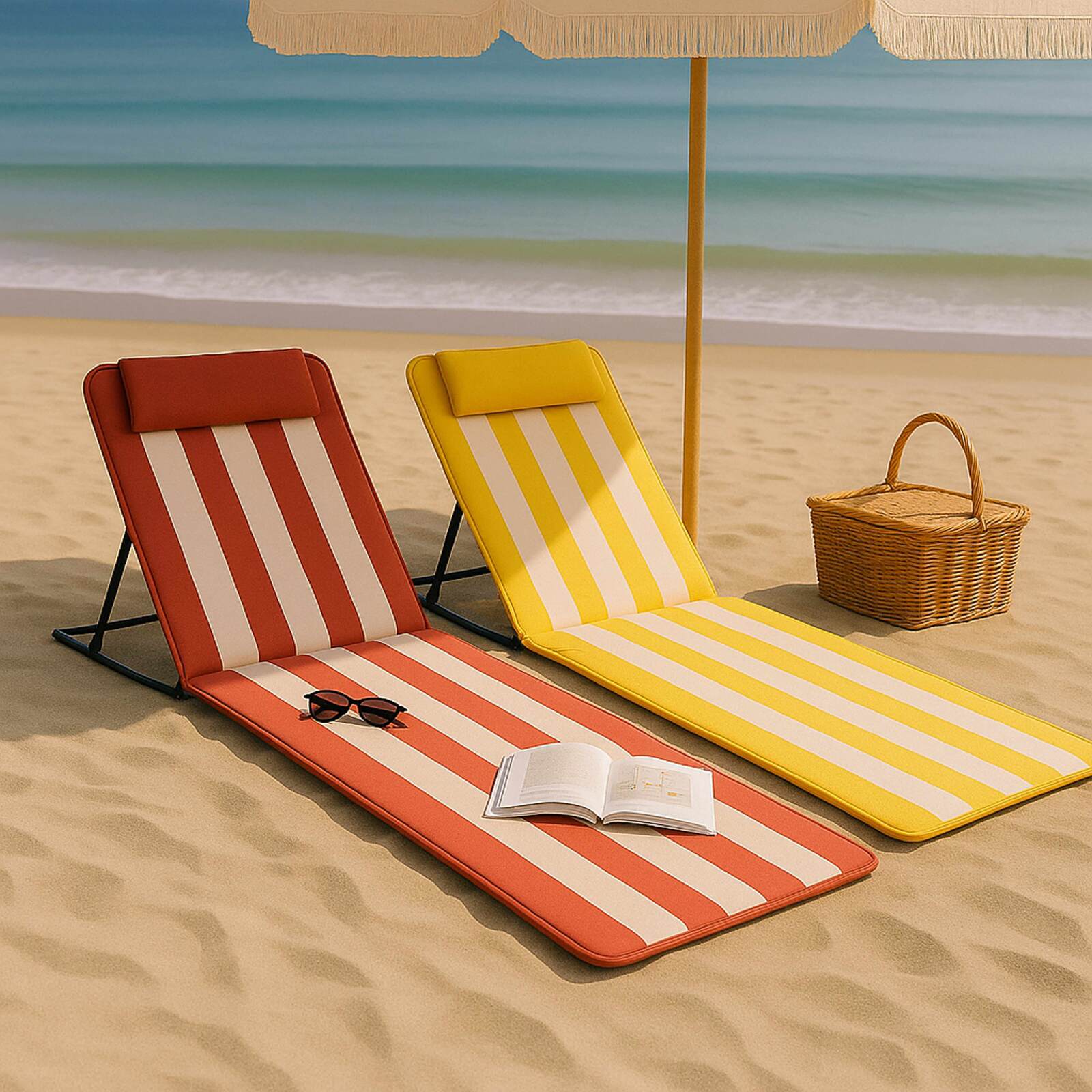 Lote de 2 colchones de playa plegables, reclinables 5 posiciones Amarillo claro/Blanco y Fucsia/Blanco