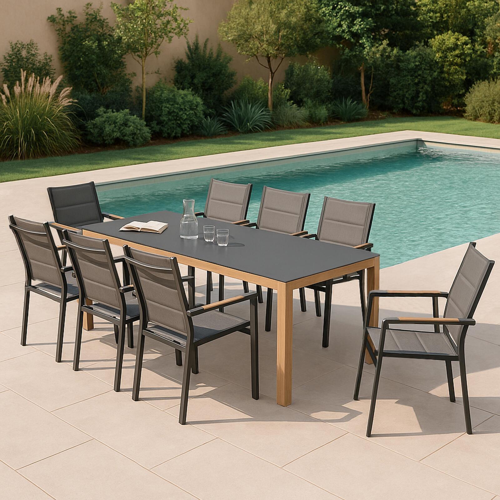 Mesa de jardín de 180x90 cm de aluminio efecto madera y vidrio templado y 8 sillas con reposabrazos de textilene