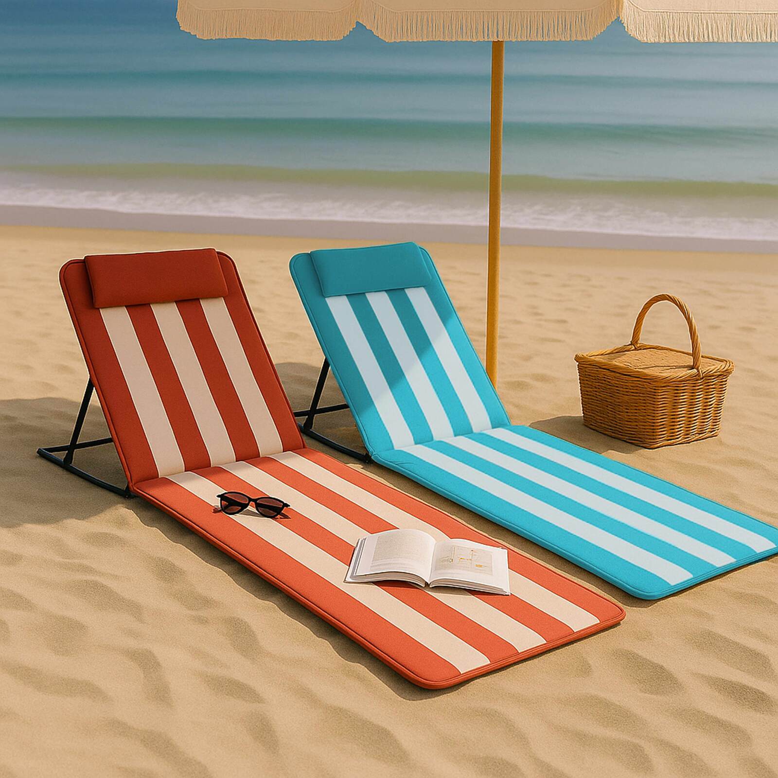 Lote de 2 colchones de playa plegables Azul/Blanco y Fucsia/Blanco