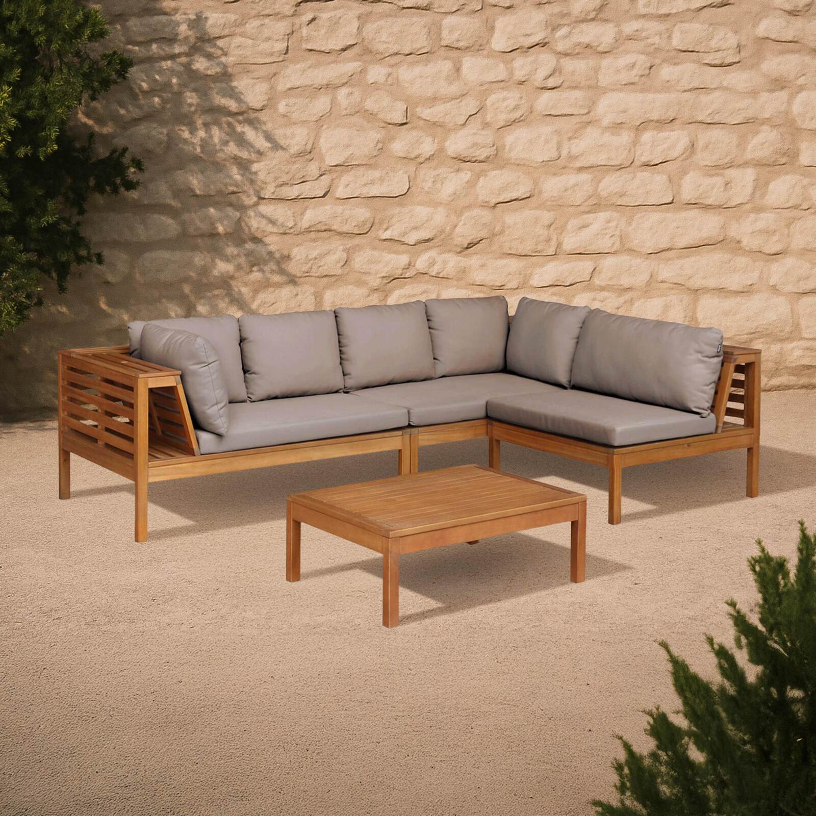 Mueble de jardín de esquina baja de 4 plazas con mesa de madera de eucalipto FSC®