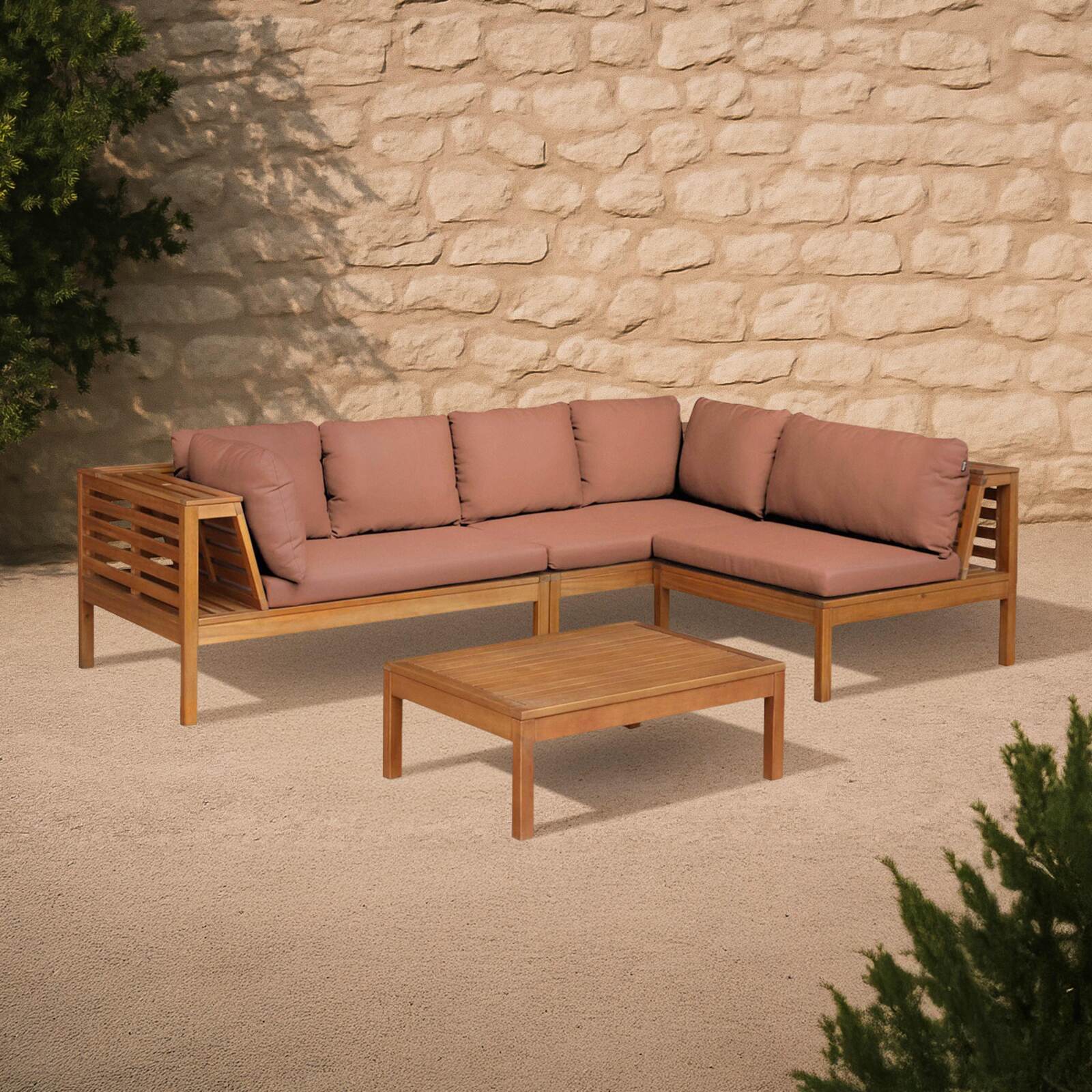 Mueble de jardín de esquina baja de 4 plazas con mesa de madera de eucalipto FSC®