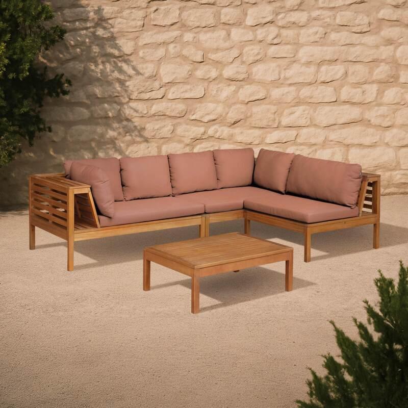 Mueble de jardín de esquina baja de 4 plazas con mesa de madera de eucalipto FSC®