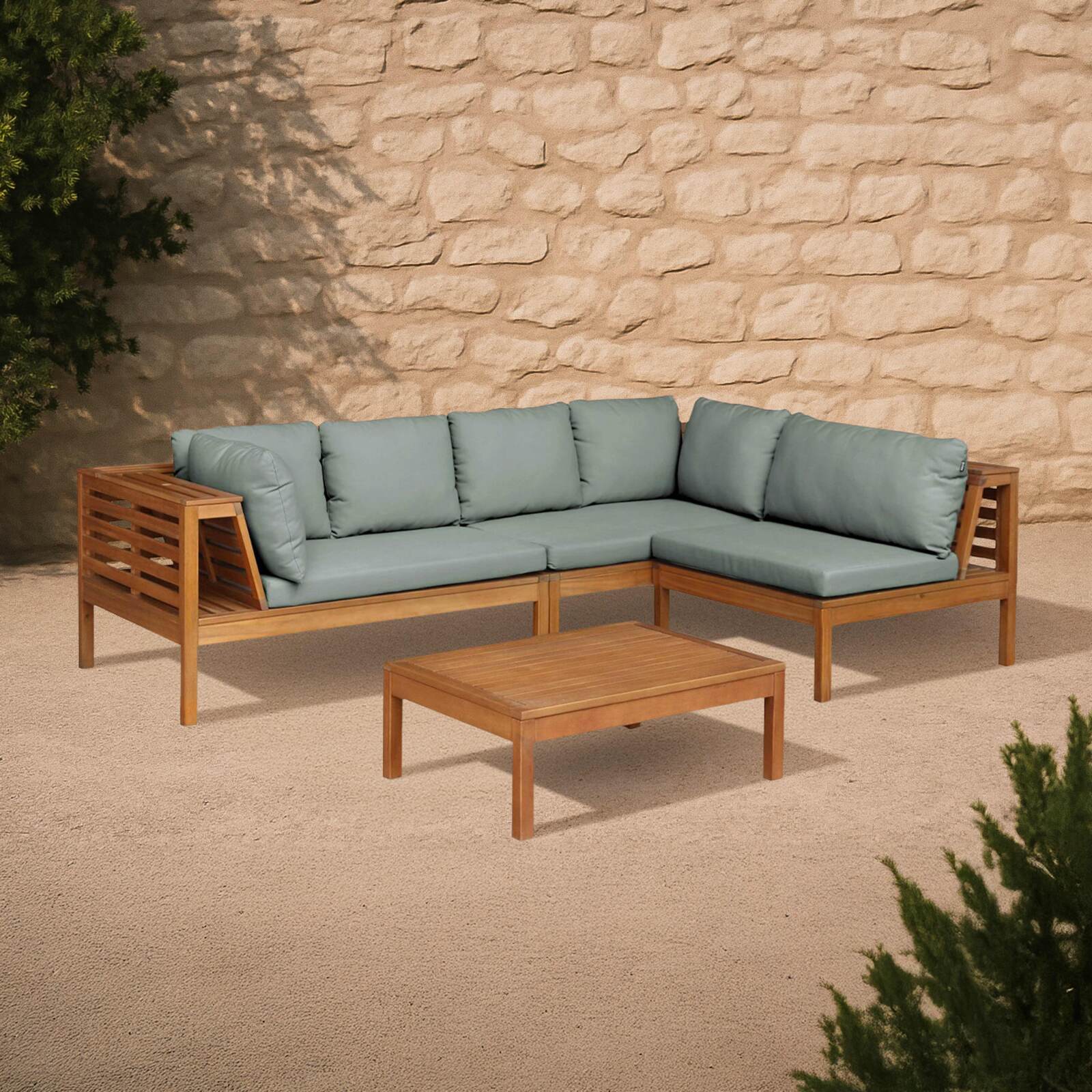 Mueble de jardín de esquina baja de 4 plazas con mesa de madera de eucalipto FSC®