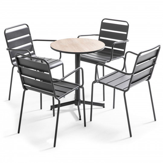 Mesa redonda Ø 60 x 72 cm y 4 sillas con reposabrazos apilables