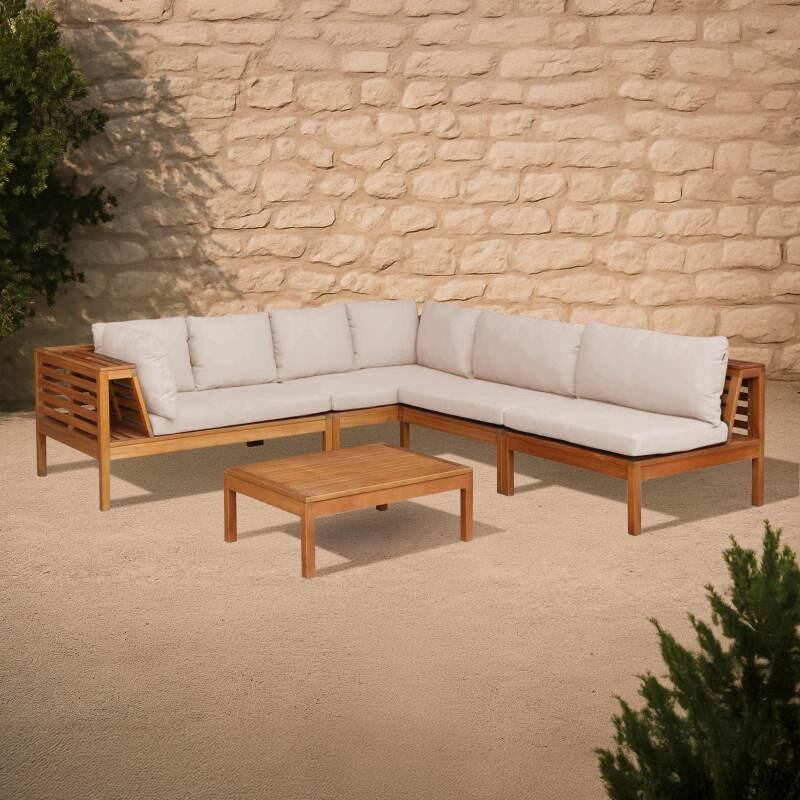 Sofá de jardín en forma de L de 5 plazas con mesa de madera de eucalipto FSC®
