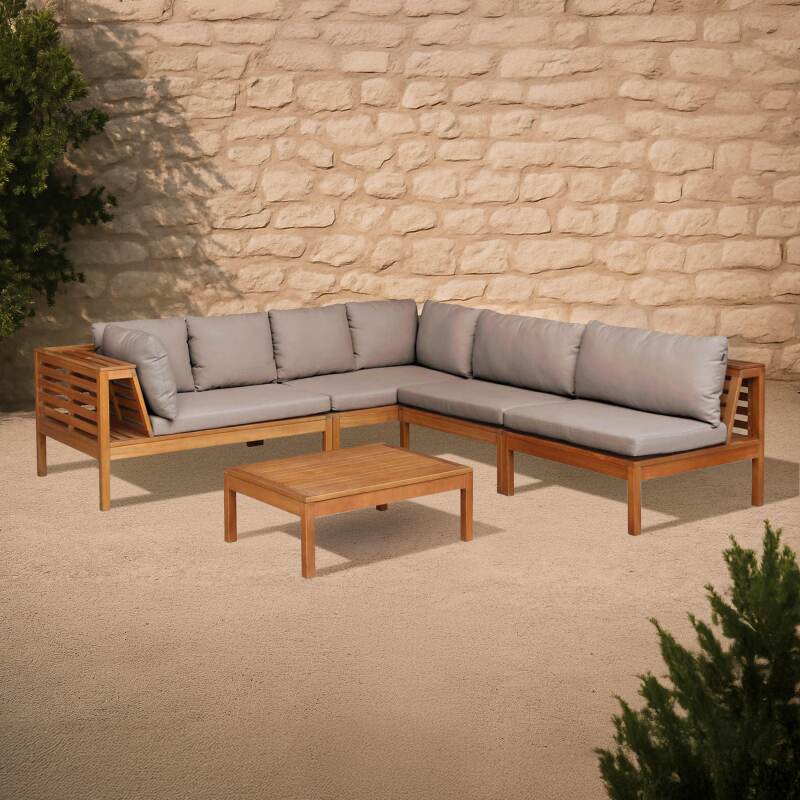 Sofá de jardín en forma de L de 5 plazas con mesa de madera de eucalipto FSC®