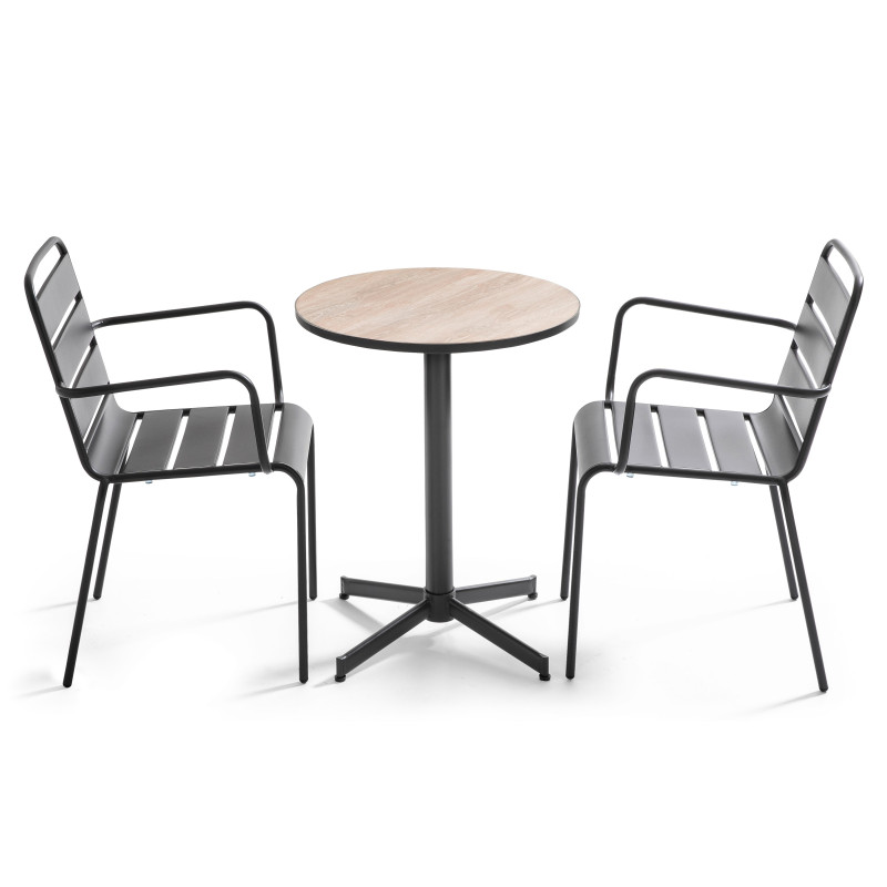 Mesa de jardín redonda ø60 x 72 cm y 2 sillas con reposabrazos apilables