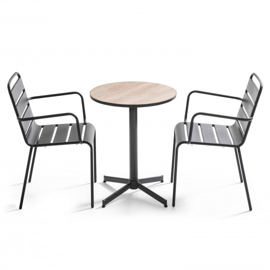 Mesa de jardín redonda ø60 x 72 cm y 2 sillas con reposabrazos apilables