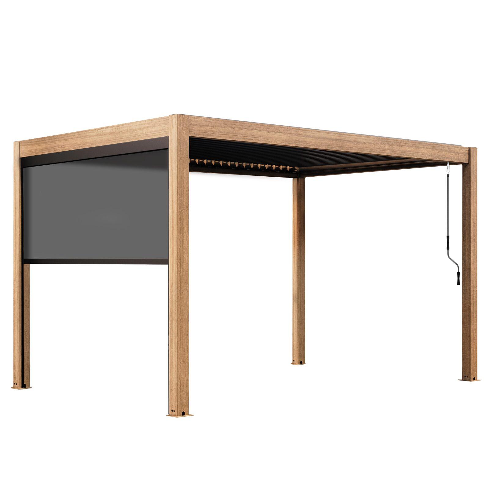 Pérgola bioclimática 4x3 m autoportante manual en aluminio efecto madera y lamas grises con toldo