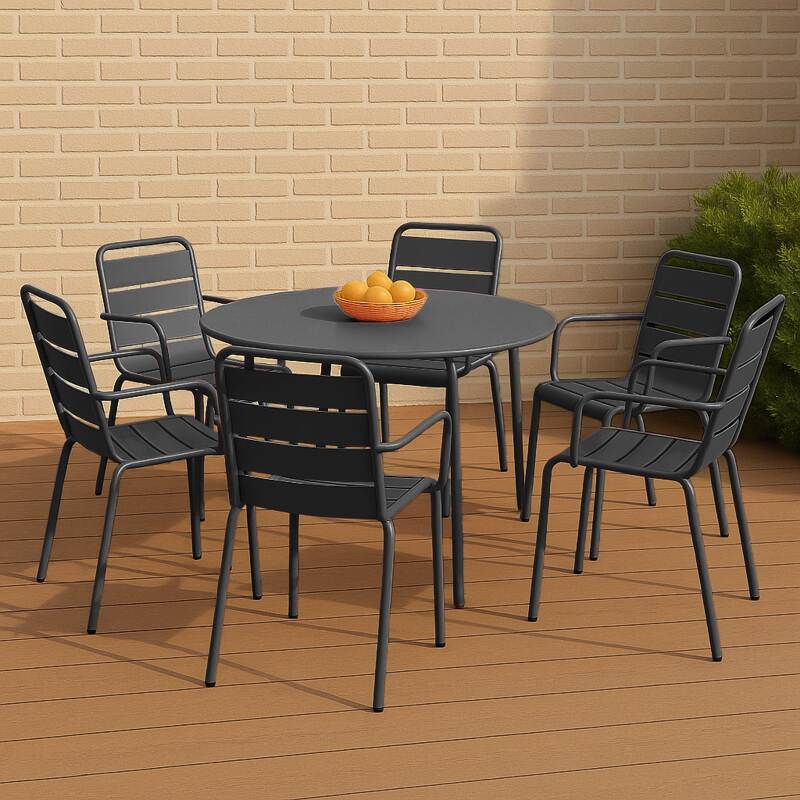 Mesa de jardín redonda de metal Ø120 cm y 6 sillas con reposabrazos