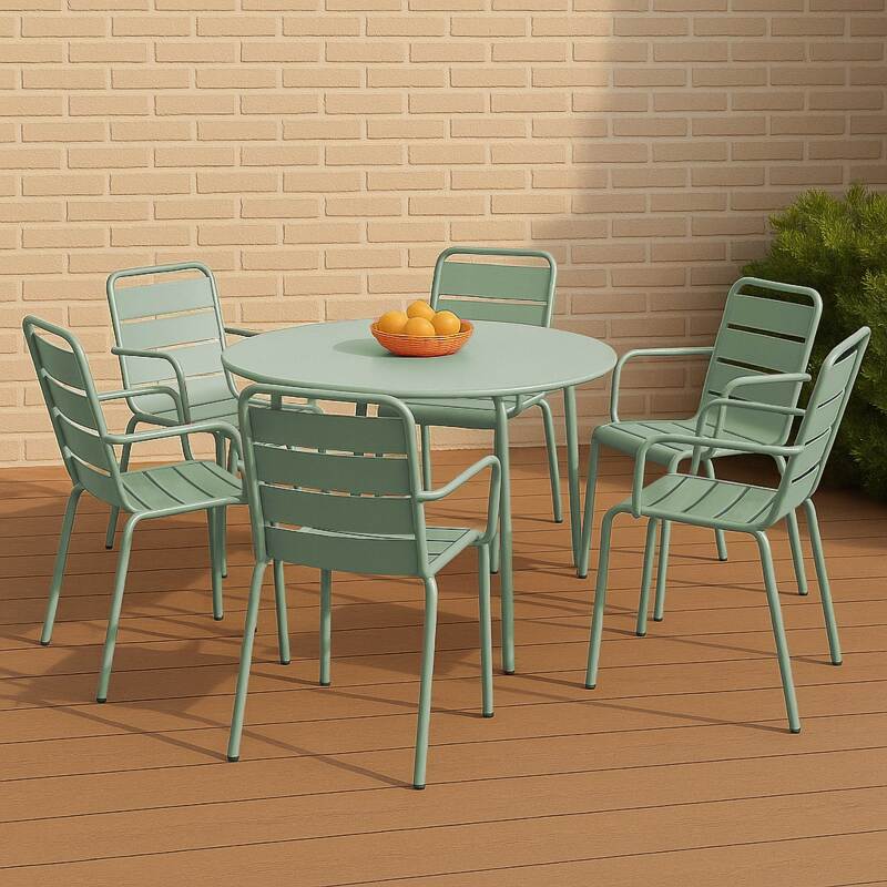 Mesa de jardín redonda de metal Ø120 cm y 6 sillas con reposabrazos