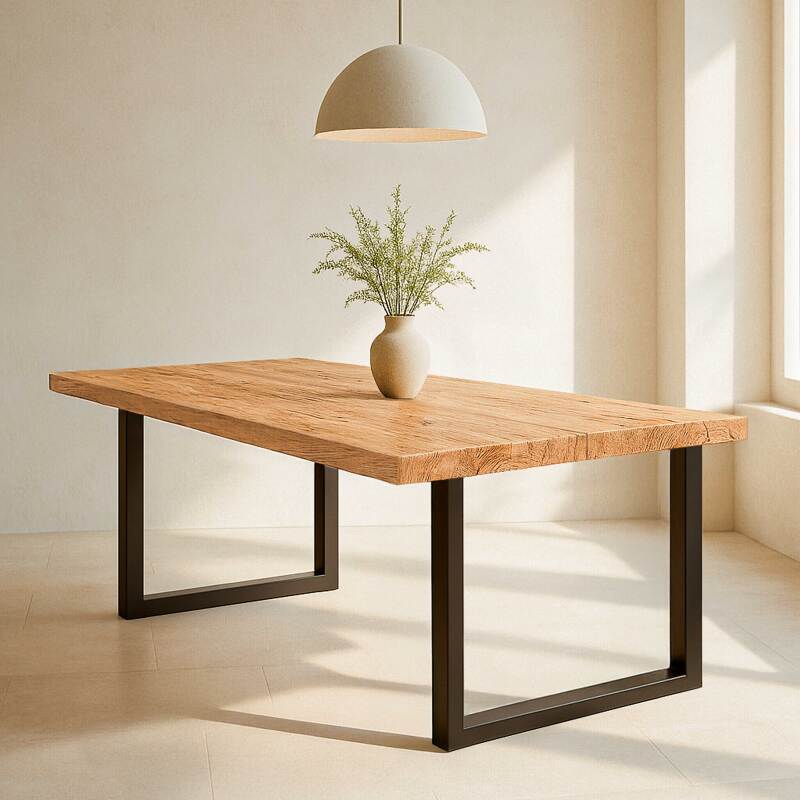 Mesa de comedor rectangular de roble FSC® con bordes irregulares y patas en forma de U