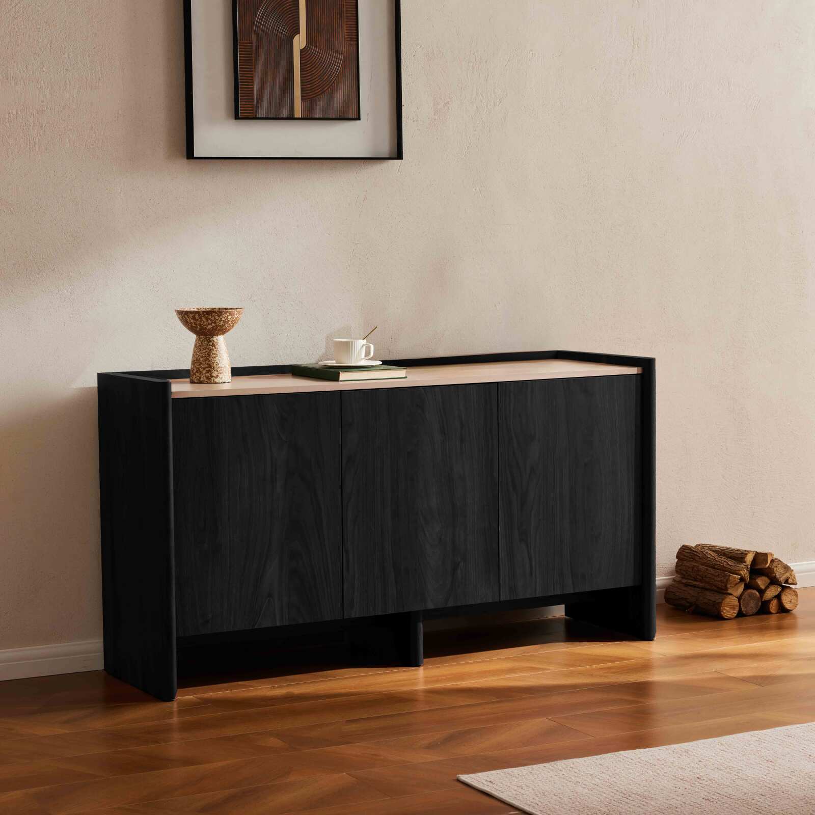 Aparador efecto madera con 3 puertas, 140 cm