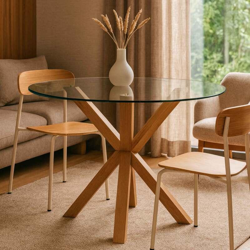 Mesa de comedor redonda de cristal para 6 personas