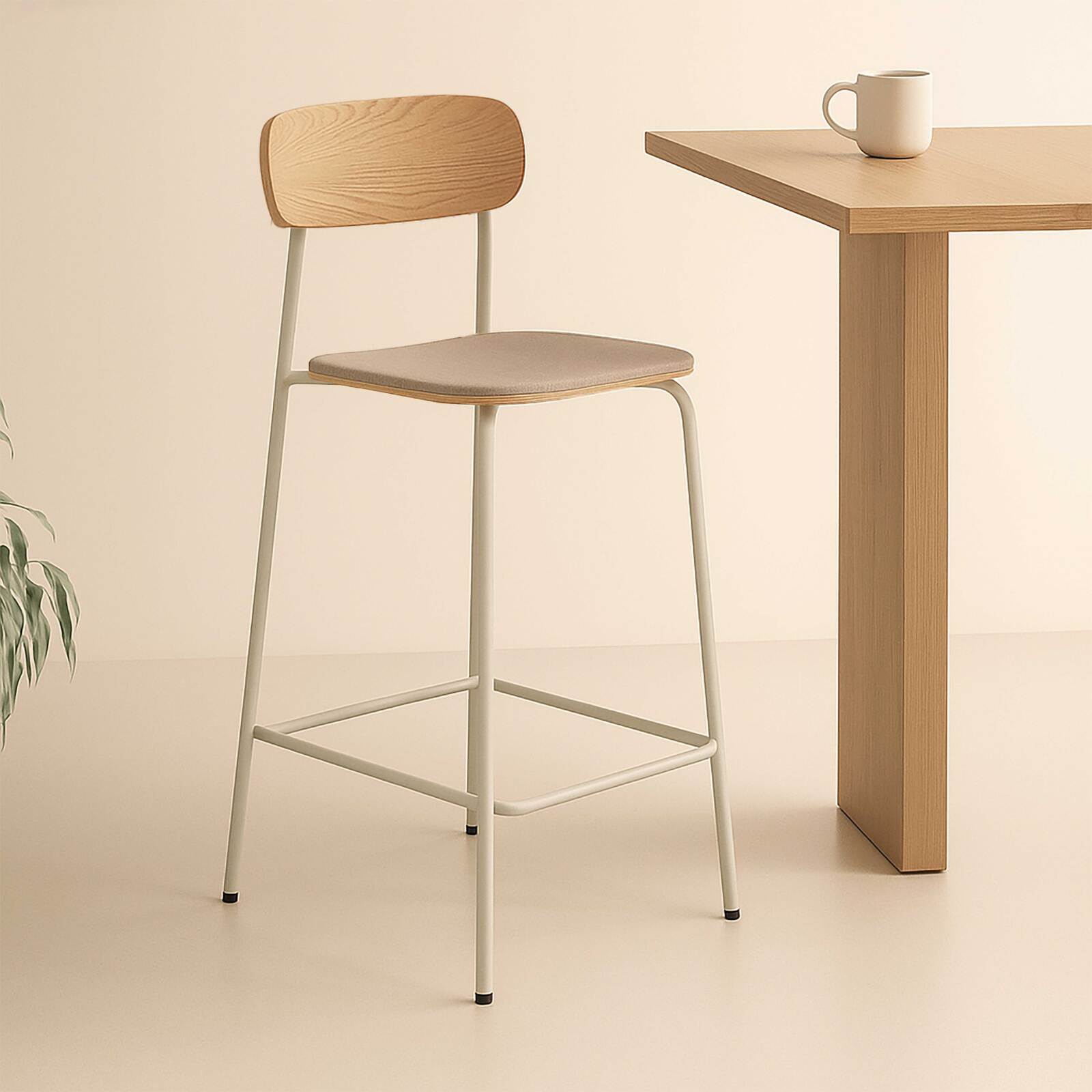 Lote de 2 sillas altas de metal, madera y tela