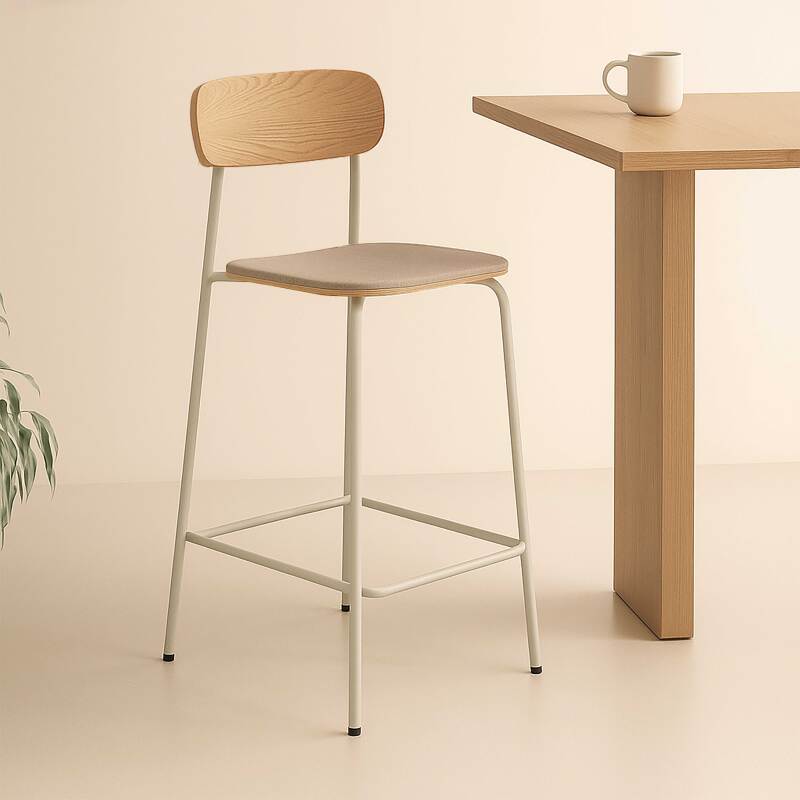 Lote de 2 sillas altas de metal, madera y tela