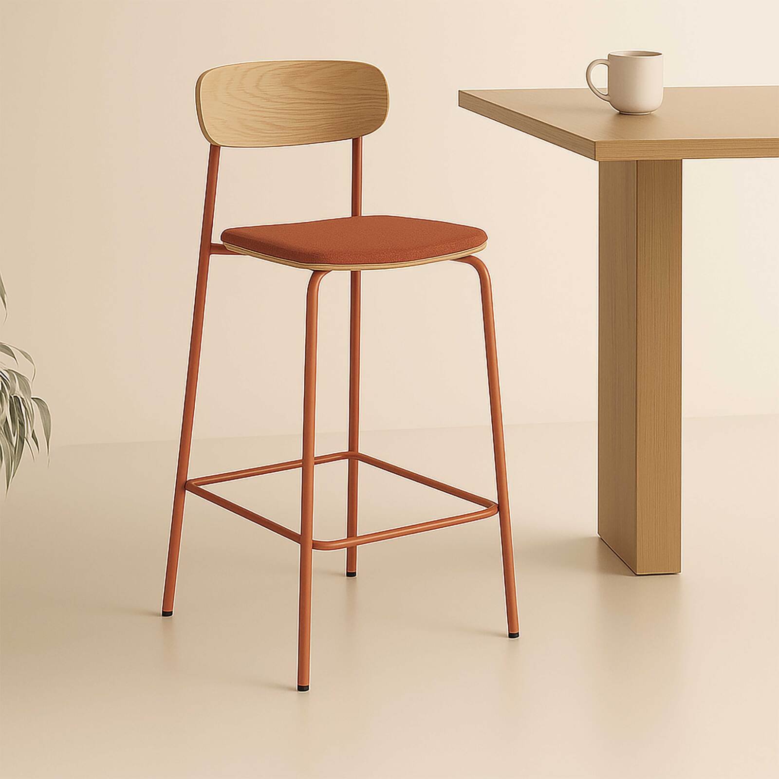 Lote de 2 sillas altas de metal, madera y tela