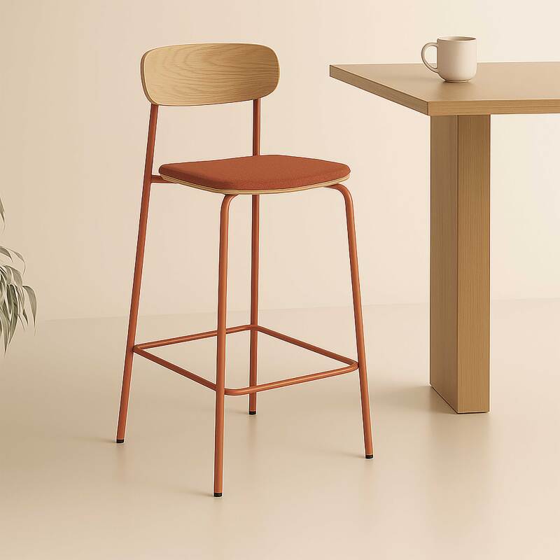 Lote de 2 sillas altas de metal, madera y tela