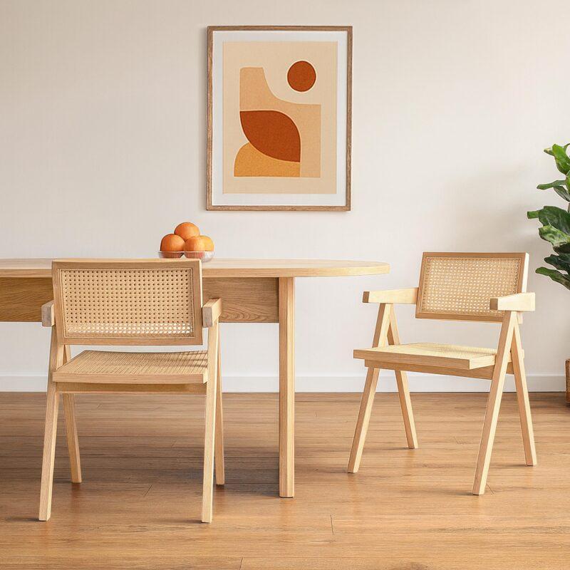 Lote de 2 sillas con reposabrazos de ratán natural y madera maciza FSC®