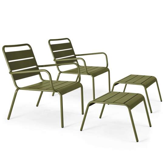 Lote de 2 sillones bajos y reposapiés de metal