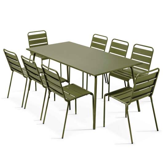 Mesa de jardín rectangular y 8 sillas de metal apilables | Oviala