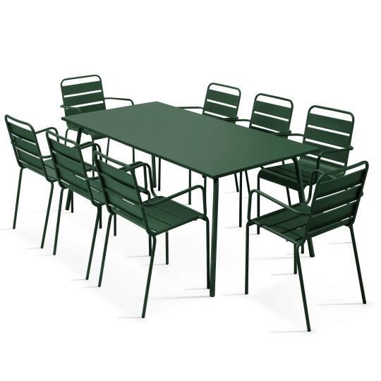 Mesa de jardín rectangular y 8 sillas de metal apilables | Oviala