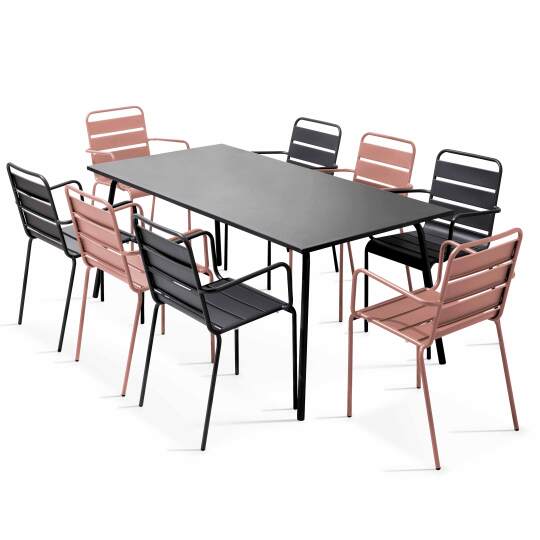 Mesa de jardín de metal de 180x90 cm y 8 sillas desparejadas con reposabrazos | Oviala
