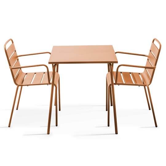 Mesa de jardín cuadrada y 2 sillas de metal apilables | Oviala