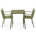 Mesa de jardín bistro cuadrada de metal 70x70 cm y 2 sillas con reposabrazos