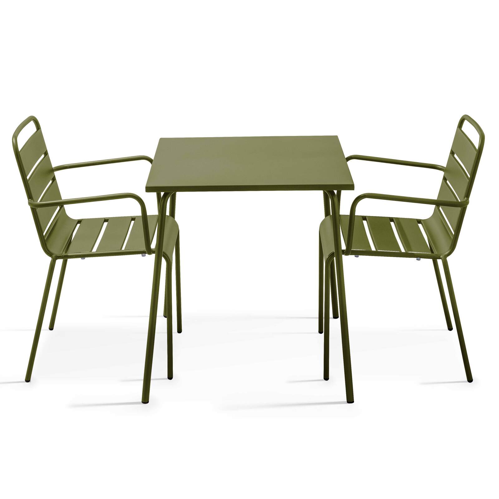 Mesa de jardín bistro cuadrada de metal 70x70 cm y 2 sillas con reposabrazos
