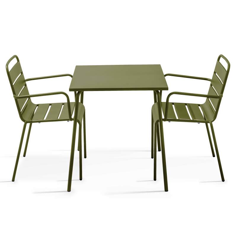Mesa de jardín bistro cuadrada de metal 70x70 cm y 2 sillas con reposabrazos