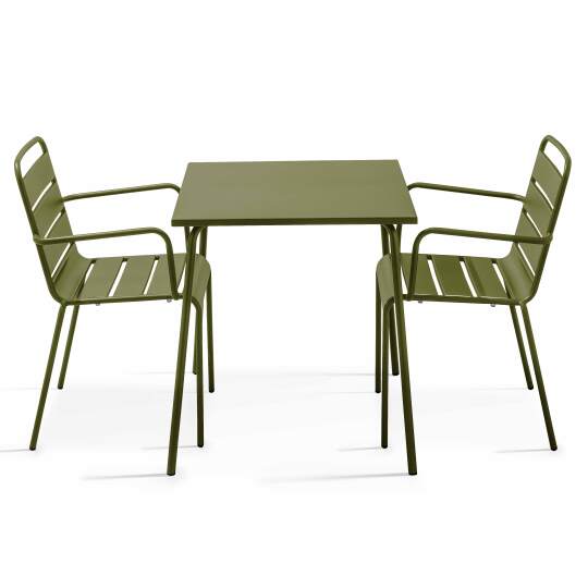 Mesa de jardín cuadrada y 2 sillas de metal apilables | Oviala