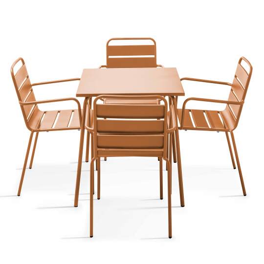 Mesa de jardín cuadrada + 4 sillas con reposabrazos de metal | Oviala