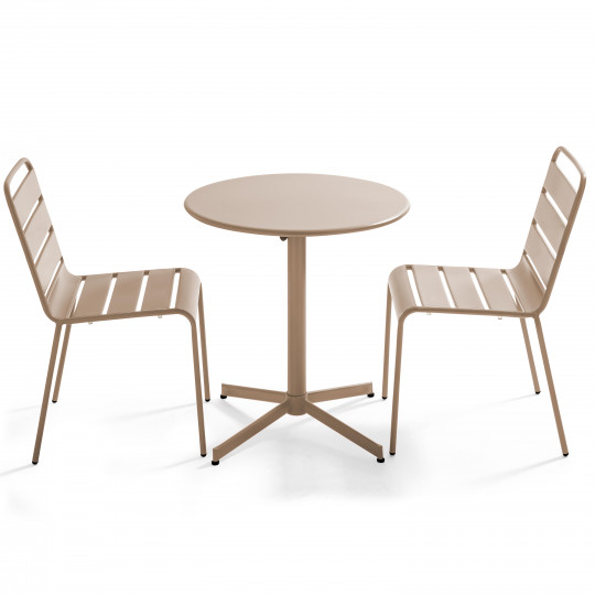 Mesa de jardín bistro redonda inclinable de metal Ø70 cm y 2 sillas | Oviala