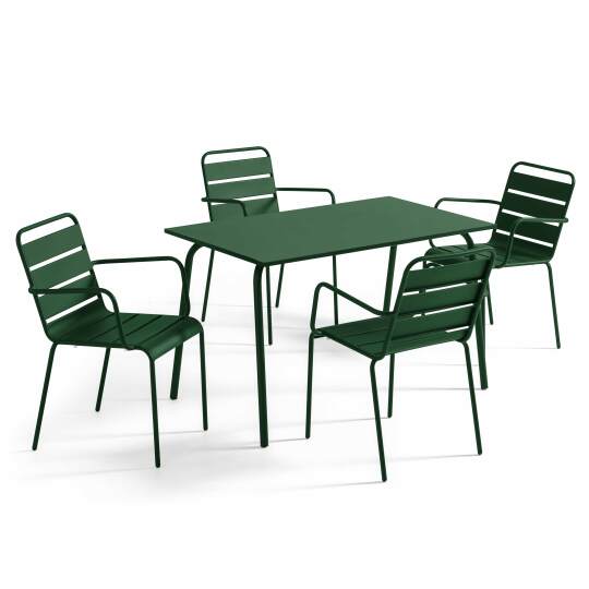 Mesa de jardín de metal 120x70 cm y 4 sillas con reposabrazos | Oviala