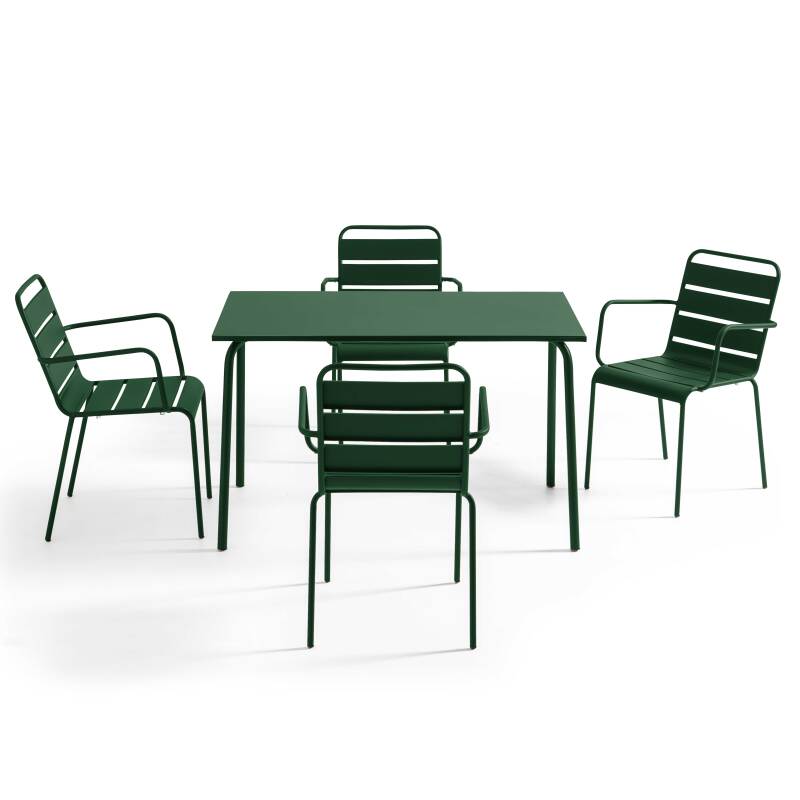 Mesa de jardín de metal 120x70 cm y 4 sillas con reposabrazos