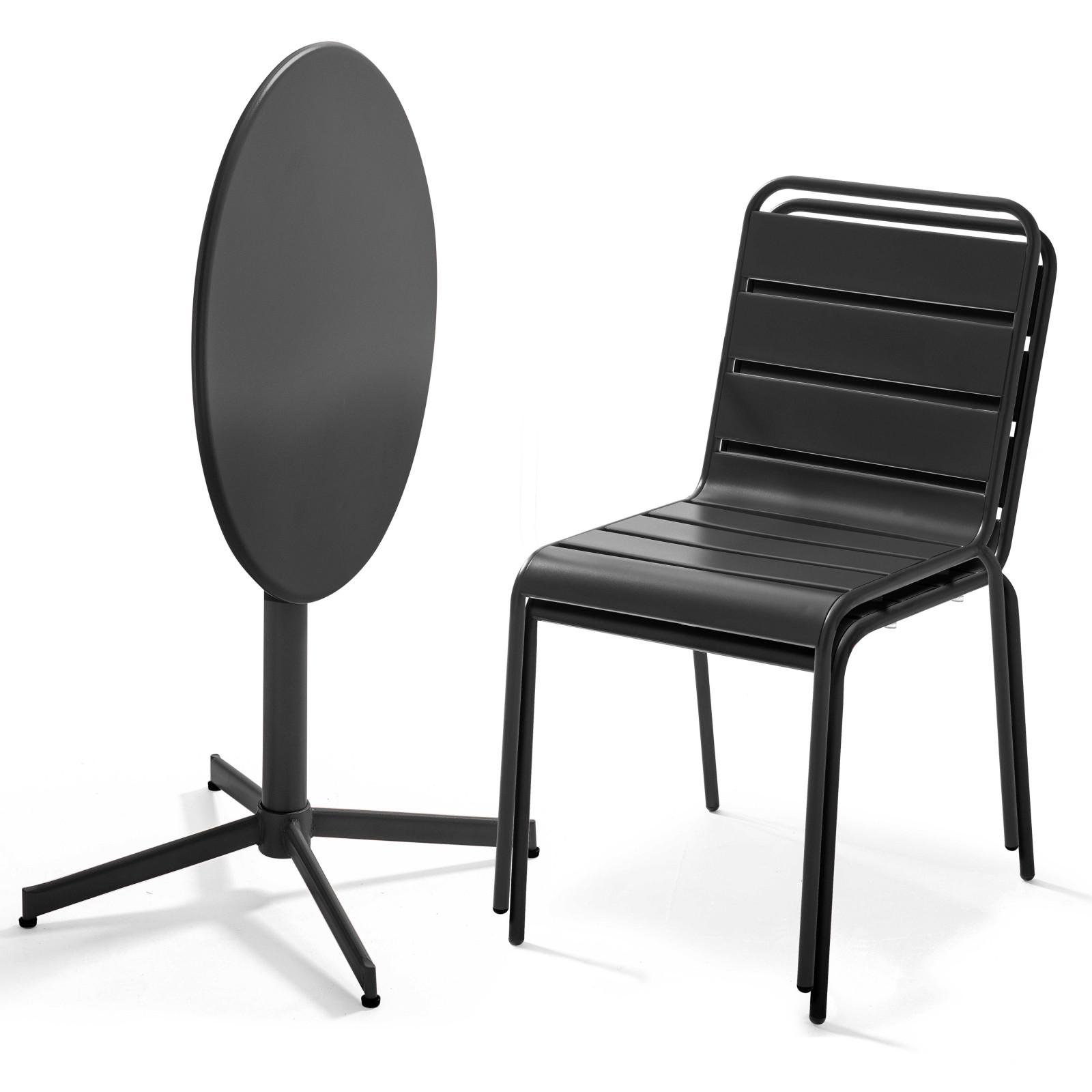 Mesa redonda con tablero plegable ø70 cm y 2 sillas de metal Mesa redonda con tablero plegable ø70 cm y 2 sillas de metal