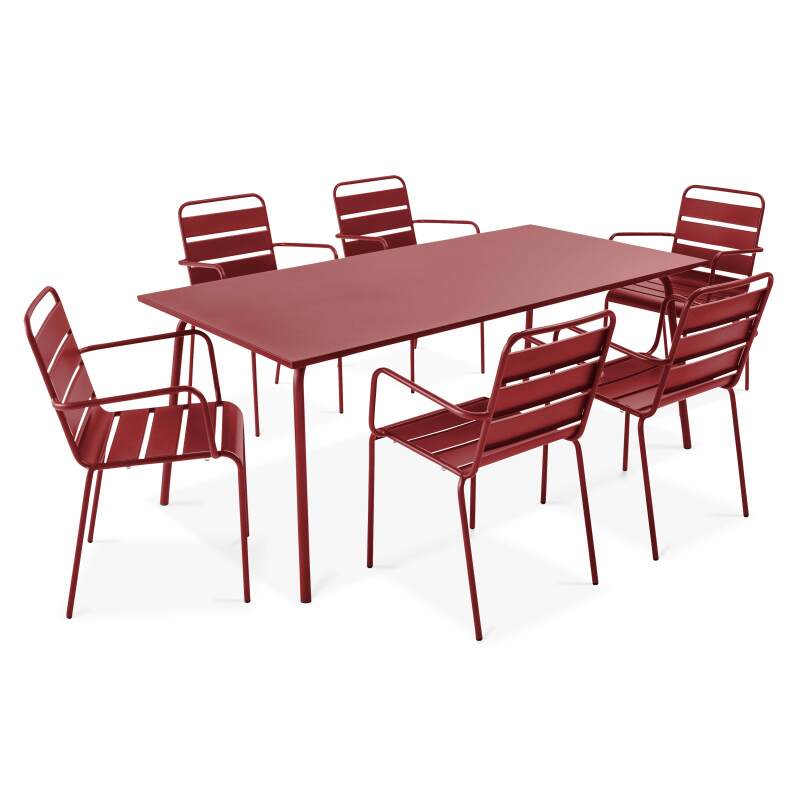 Mesa de jardín de metal de 180x90 cm y 6 sillas con reposabrazos