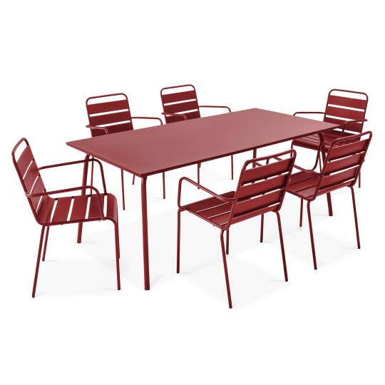 Mesa de jardín rectangular + 6 sillas apilables con reposabrazos | Oviala