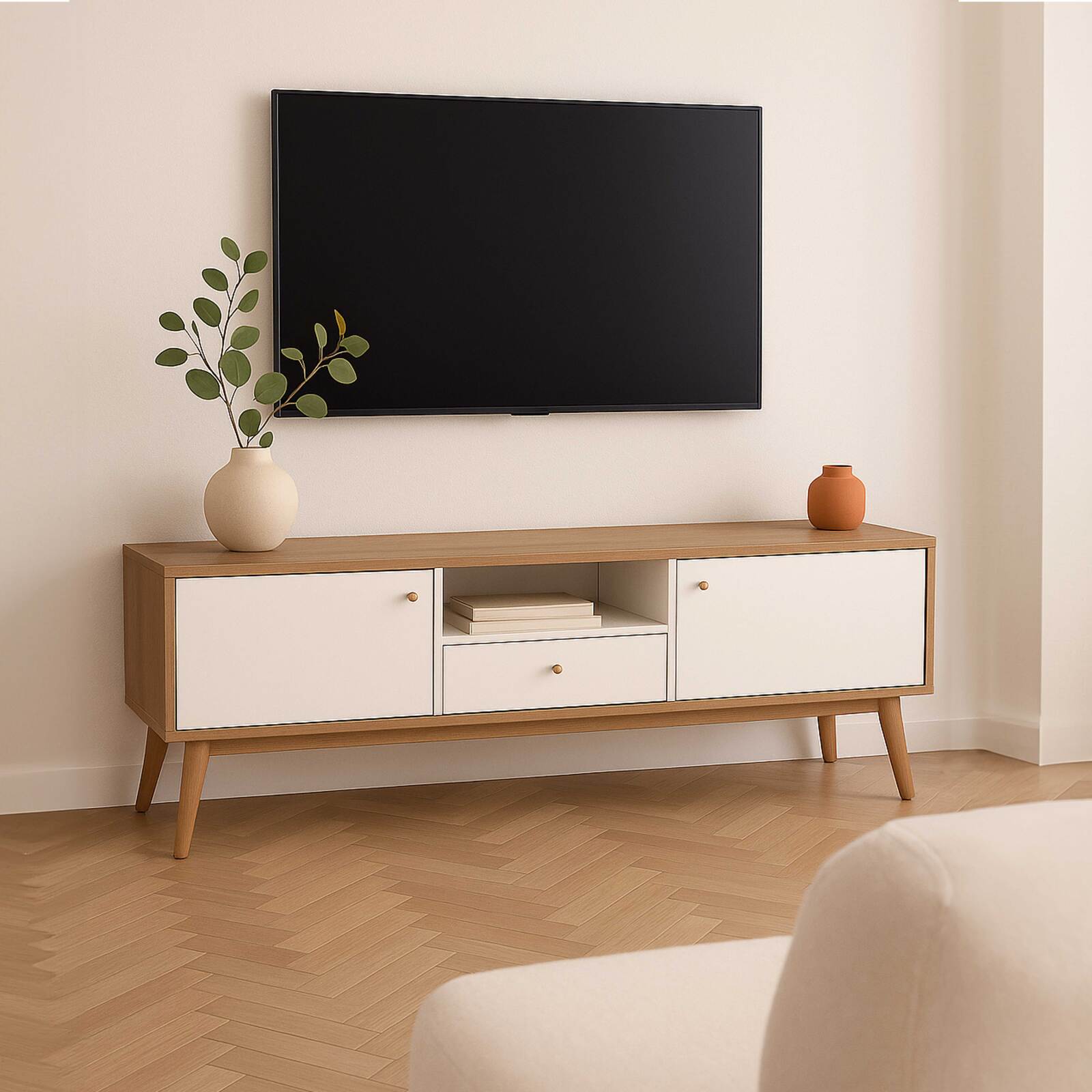 Mueble de TV efecto madera clara y blanco de 150 cm escandinavo  