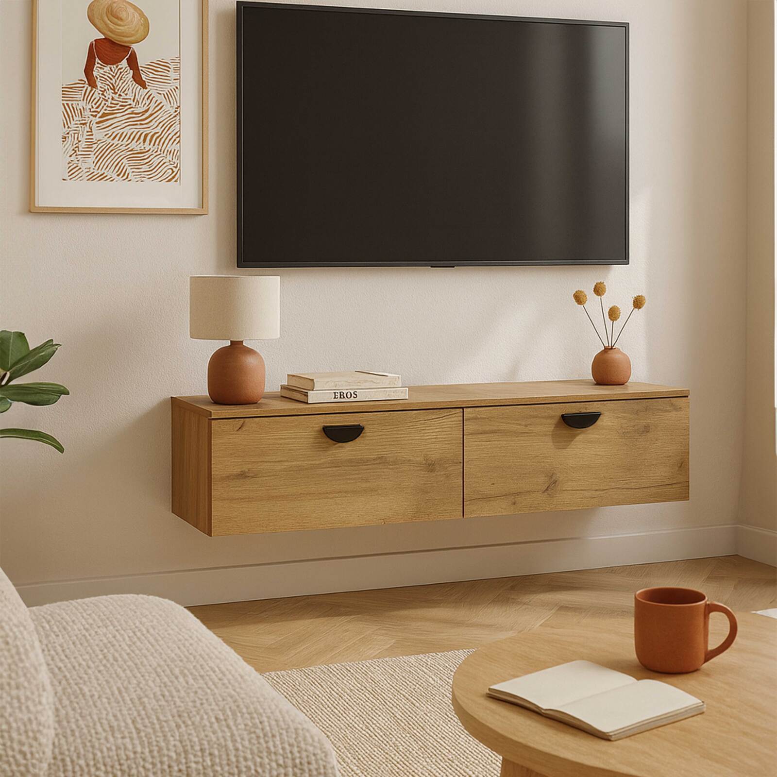 Mueble de TV suspendido efecto madera 120 cm estilo industrial