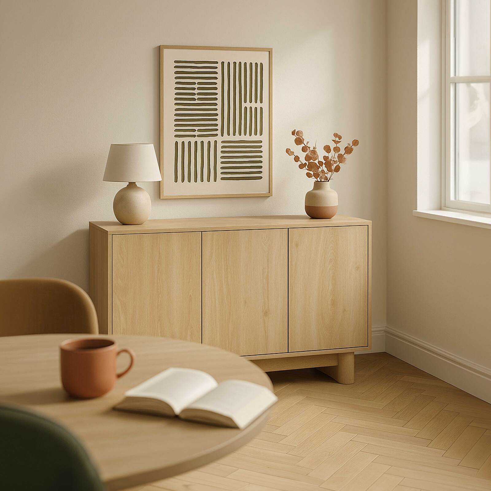 Aparador escandinavo efecto madera 3 puertas 120 cm