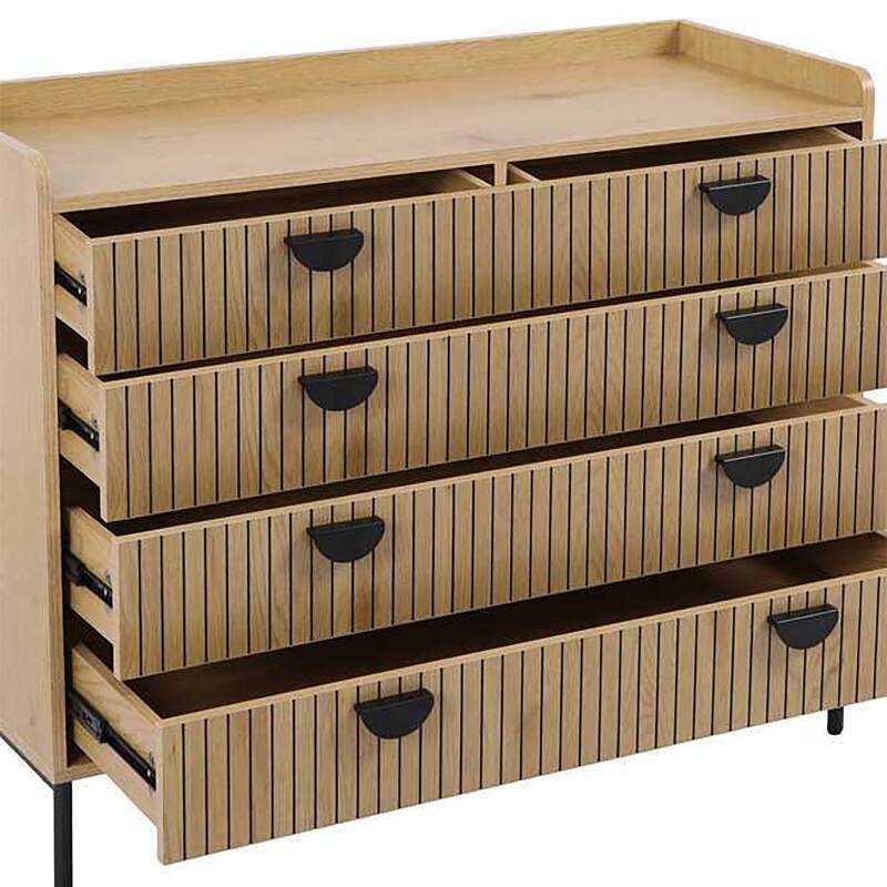 Cómoda 5 cajones efecto madera listones y metal negro 100 cm