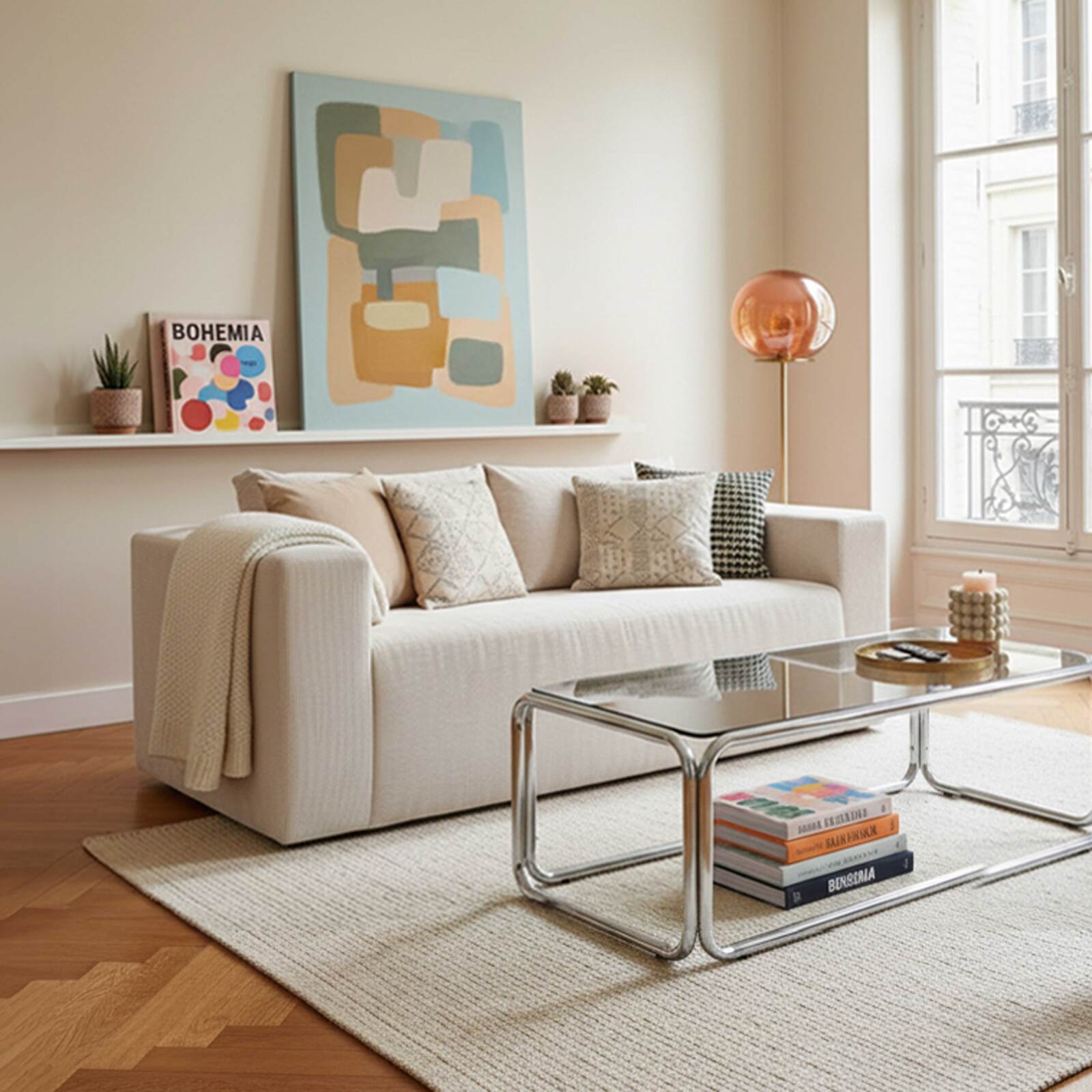 Sofá 2 plazas en tejido acanalado con cojínes