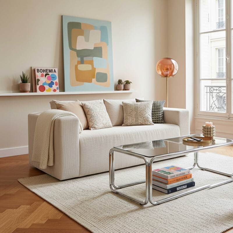 Sofá 2 plazas en tejido acanalado con cojínes